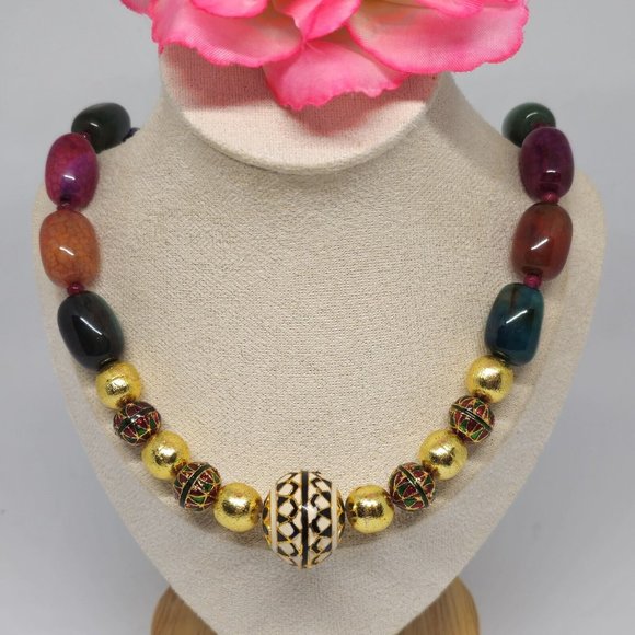 Enamel Cloisonne Crackle Agate Beaded Statement Necklace Gold Green Red Purple - Picture 7 of 14